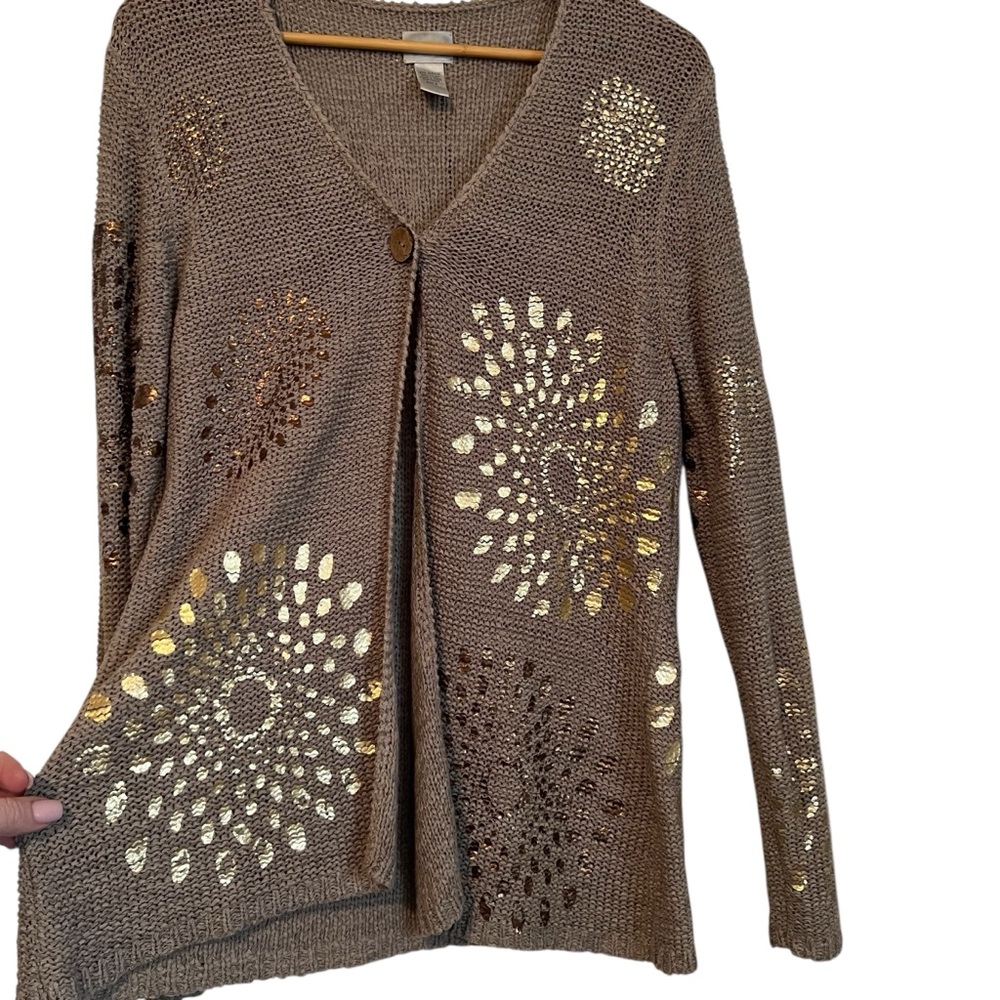 Chico's Taupe Knit Cardigan with Gold & Bronze Accents